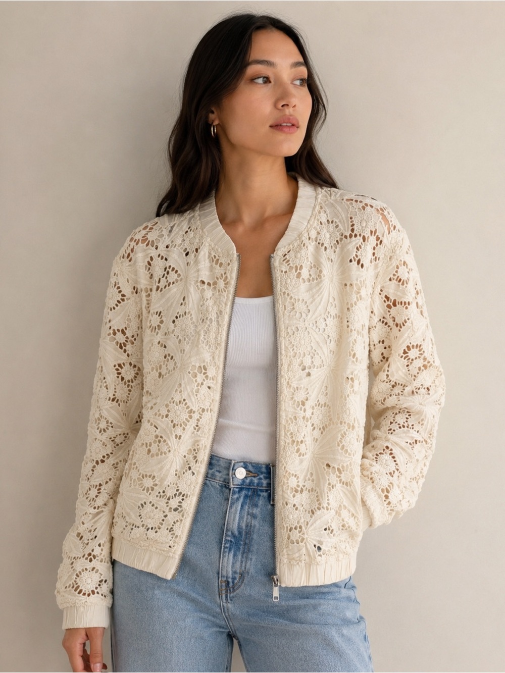 NORDSTROM / HALOGEN Lace Bomber Jacket Cream US XL NWT